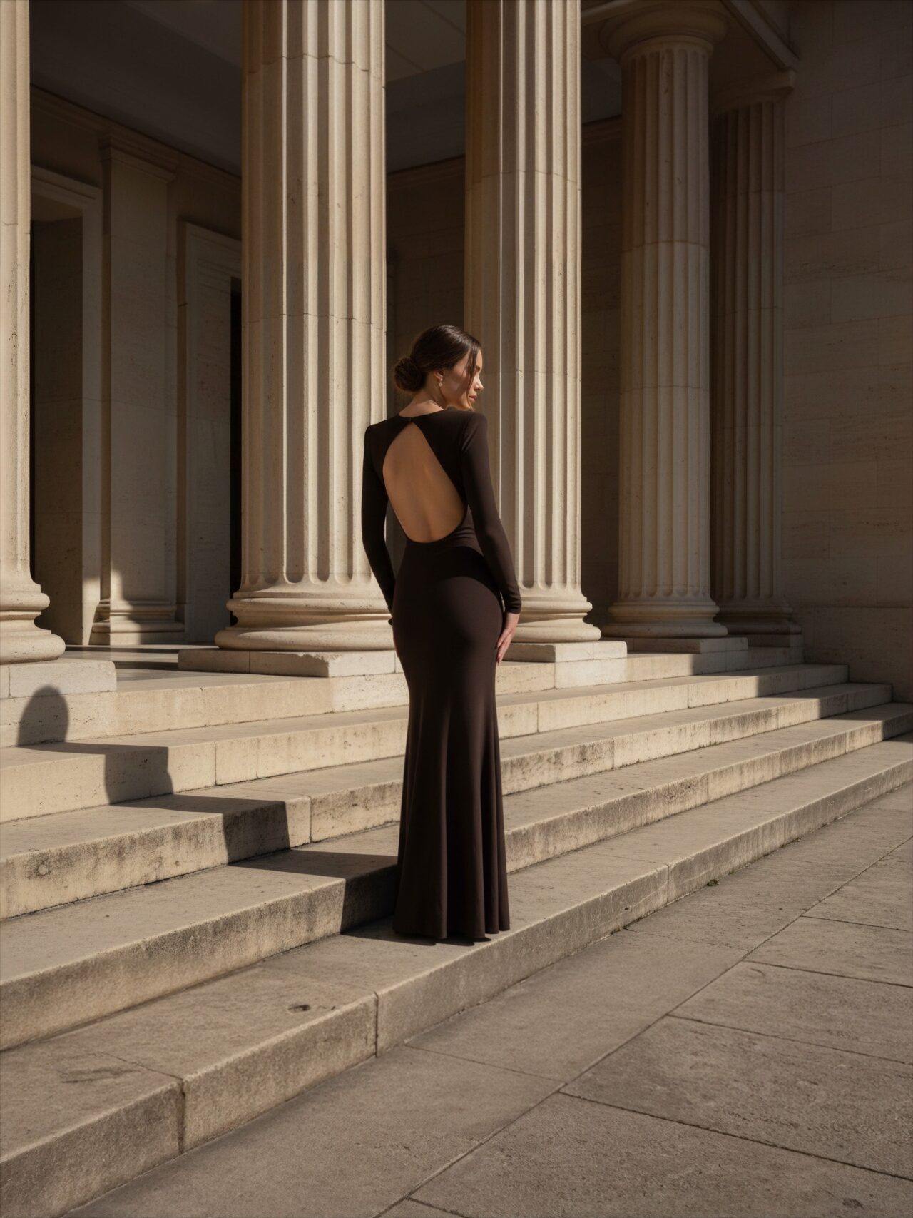 Cloud Wear CHLOE Czekoladowa Długa Sukienka z Rozcięciem i Odkrytymi Plecami