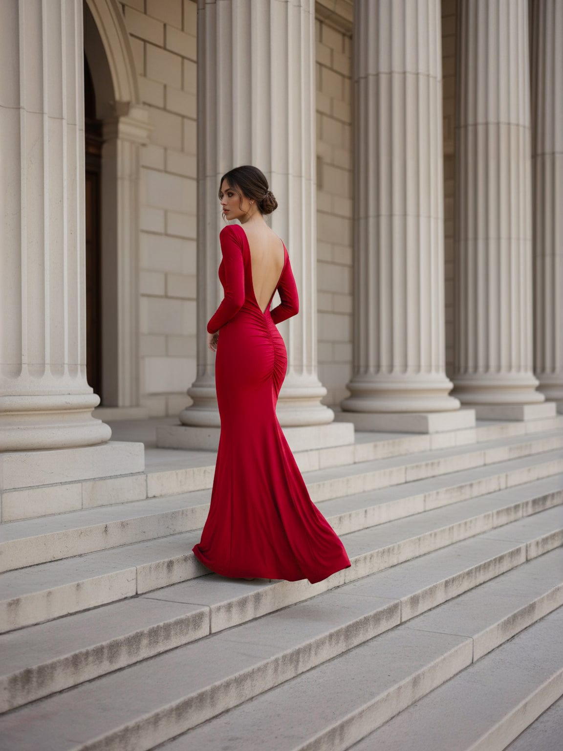 CLARA Czerwona Długa Sukienka z Głębokim Dekoltem na Plecach i Marszczeniem