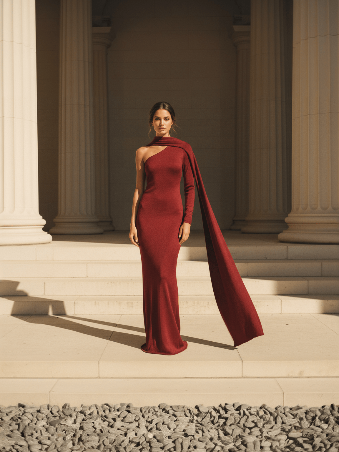 KAYA Długa Suknia z Szalem na Jedno Ramię