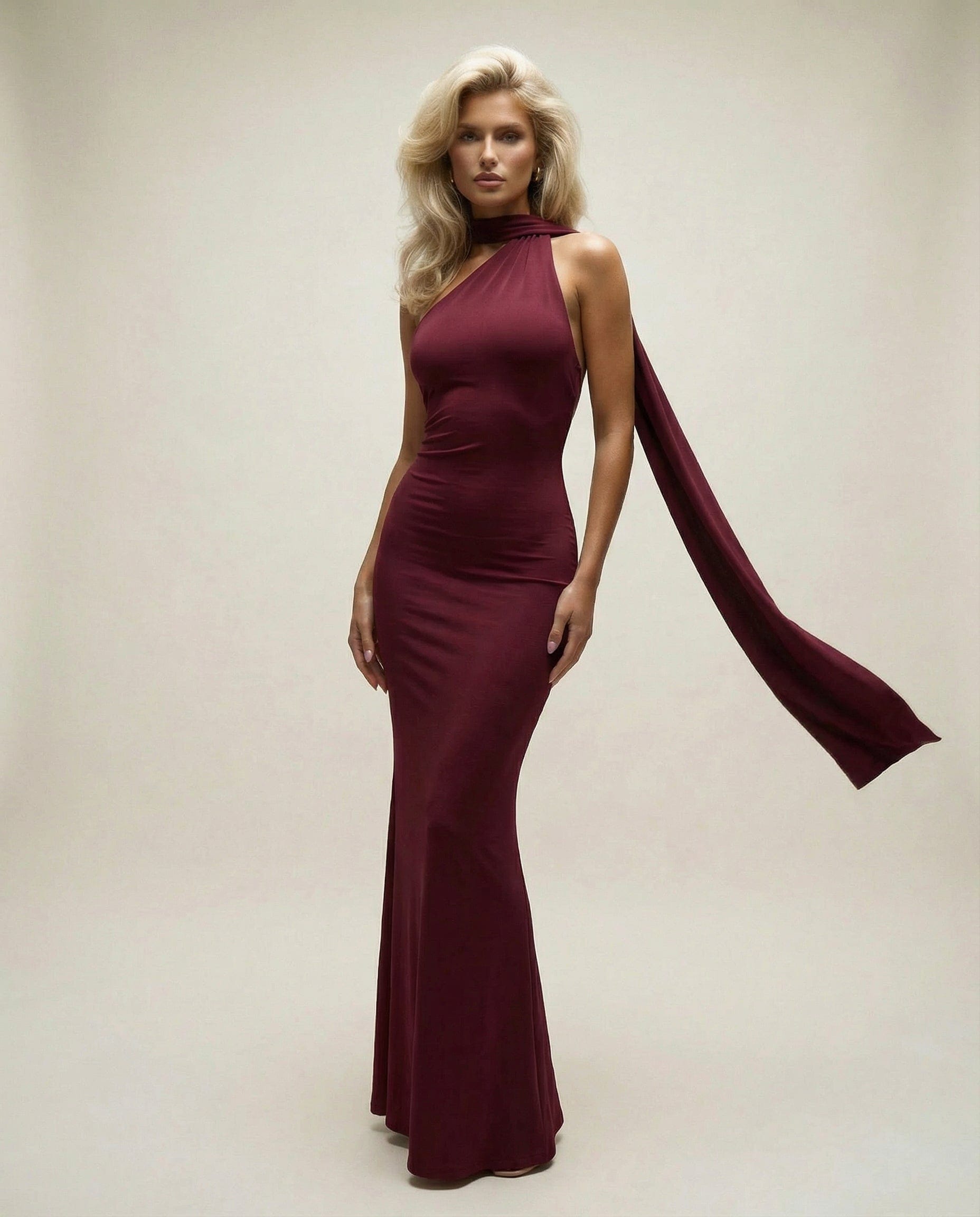 LAURA – Długa Sukienka z Odkrytymi Plecami i Eleganckim Szalem Bordowy